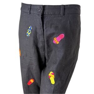 DEANE & WHITE Black Linen Pants Capri Crop Sandal Flip Flop Embroidered Size 6